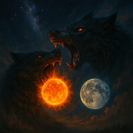 Гигантские волки-дети Локи: Сколль и Хати, поглощающие солнце и луну