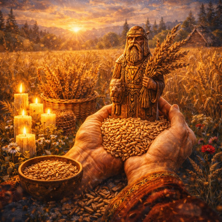 Молитва к Фрейре ради урожая: подношение зерна и резной фигурки