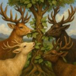 Корни ветра: четыре оленя, объедающие Иггдрасиль Корни ветра: четыре оленя, объедающие Иггдрасиль